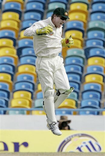 Australia's wicketkeeper Brad Haddin celebrates his fourth catch behind the wicket of West Indies' Daren Powell for 9 runs on the second day of their third and final Test at Kensington Oval in Bridgetown, Barbados on June 13, 2008. Day 2: Aus vs WI, 3rd Test